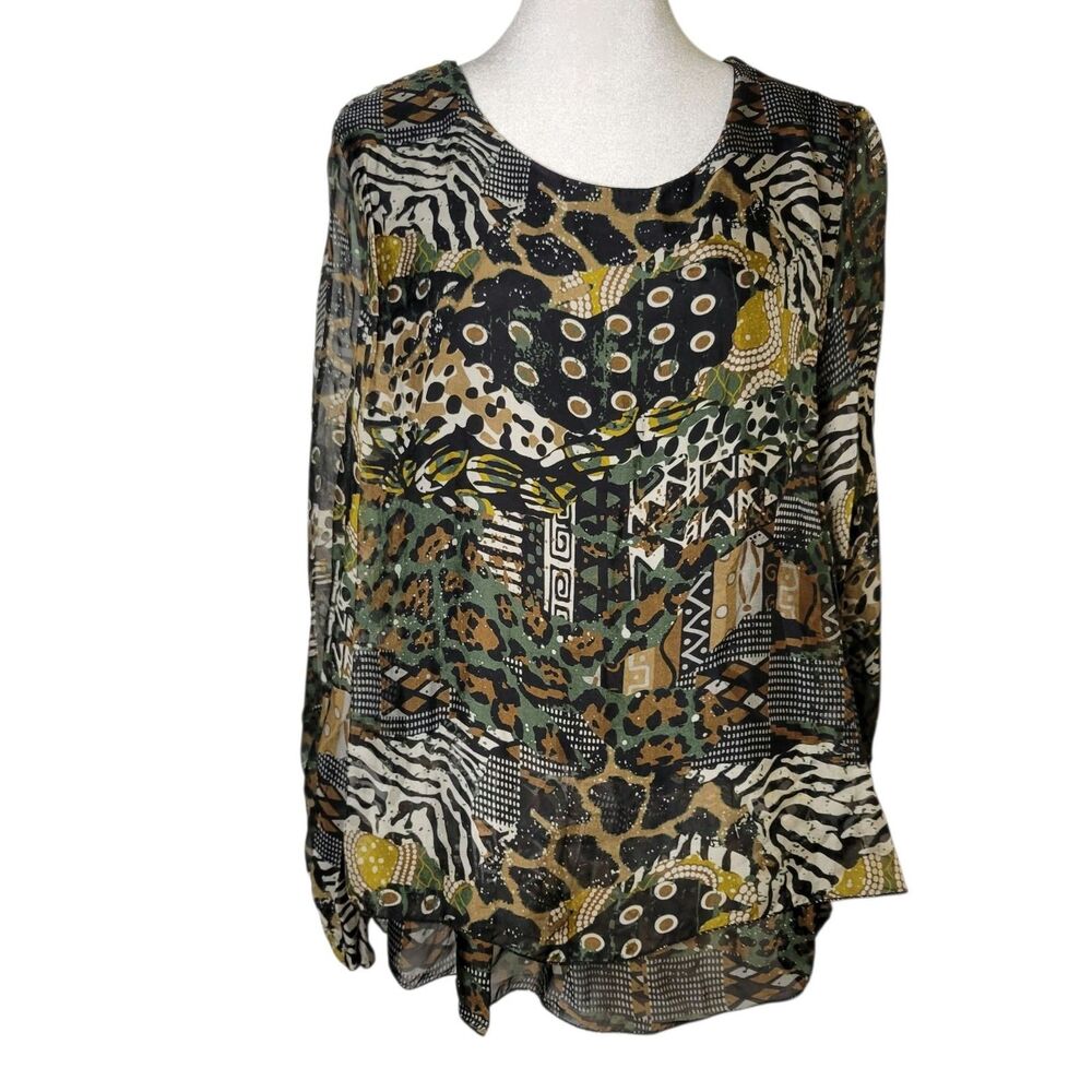 Bellambra Italy Silk Top M Patchwork Animal Print Sheer Lagenlook Eclectic Artsy